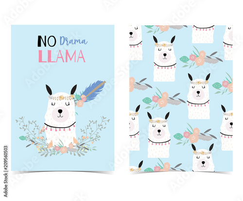 Hand drawn cute card with llama,arrow,wreath,flower,leaf.No drama llama