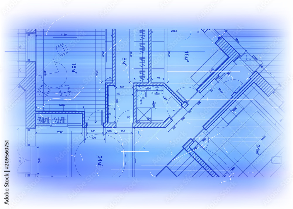 architectural blueprint - the architectural plan of the house on a bright blue technological background with dust and scratches. The edges of the blueprint soft transition to white background / vector