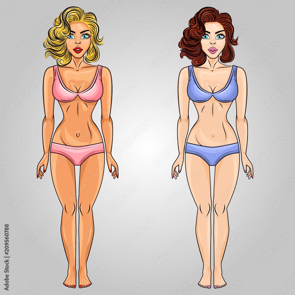 Pop art women blonde and brown hair character set. Perfect for a poster, illustration, banner or for a game character. Vector illustration. Pop art women blonde and brown hair character set. Perfect for a poster, illustration, banner or for a game character. Vector illustration.