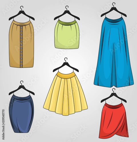 Set of skirts in different colors and different styles drapped, pencil, tulip, long fix box pleat, buttoned straight on hangers. Women clothing. Vector illustration.