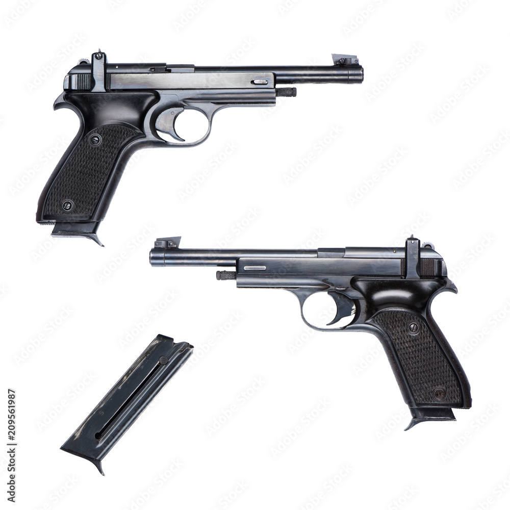 sport automatic pistol with clip on white background