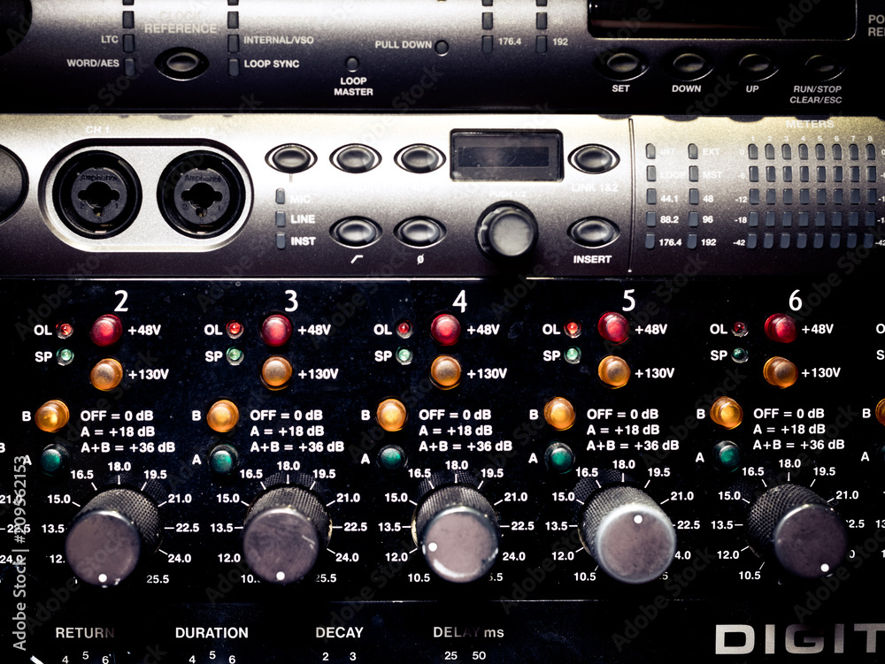 Obraz premium Levels and knobs on professional electronic audio equipment