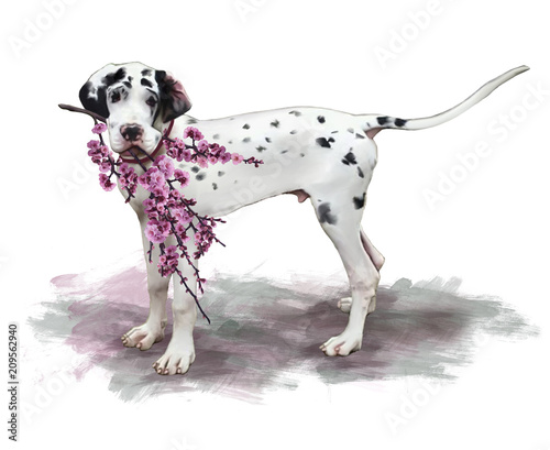 Dipinto di un amorevole cane alano che tiene in bocca dei rami fioriti di ciliegio