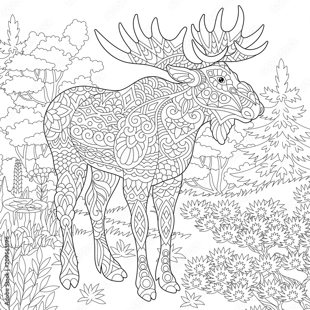 Moose, woodland animal. Forest landscape. Coloring Page. Colouring ...