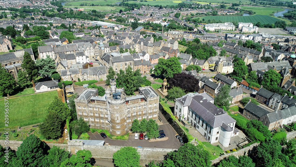 Low level aerial image of Stirling Old Town Jail and Youth Hostel.