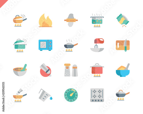 Simple Set Cooking Flat Icons for Website and Mobile Apps. Contains such Icons as Food, Boiling, Flavoring, Saucepan, Bake, Blending. 48x48 Pixel Perfect. Vector illustration.