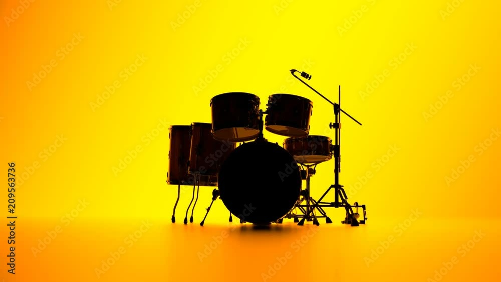Setting up a drum kit on a yellow background timelapse. Instrument silhouettes.