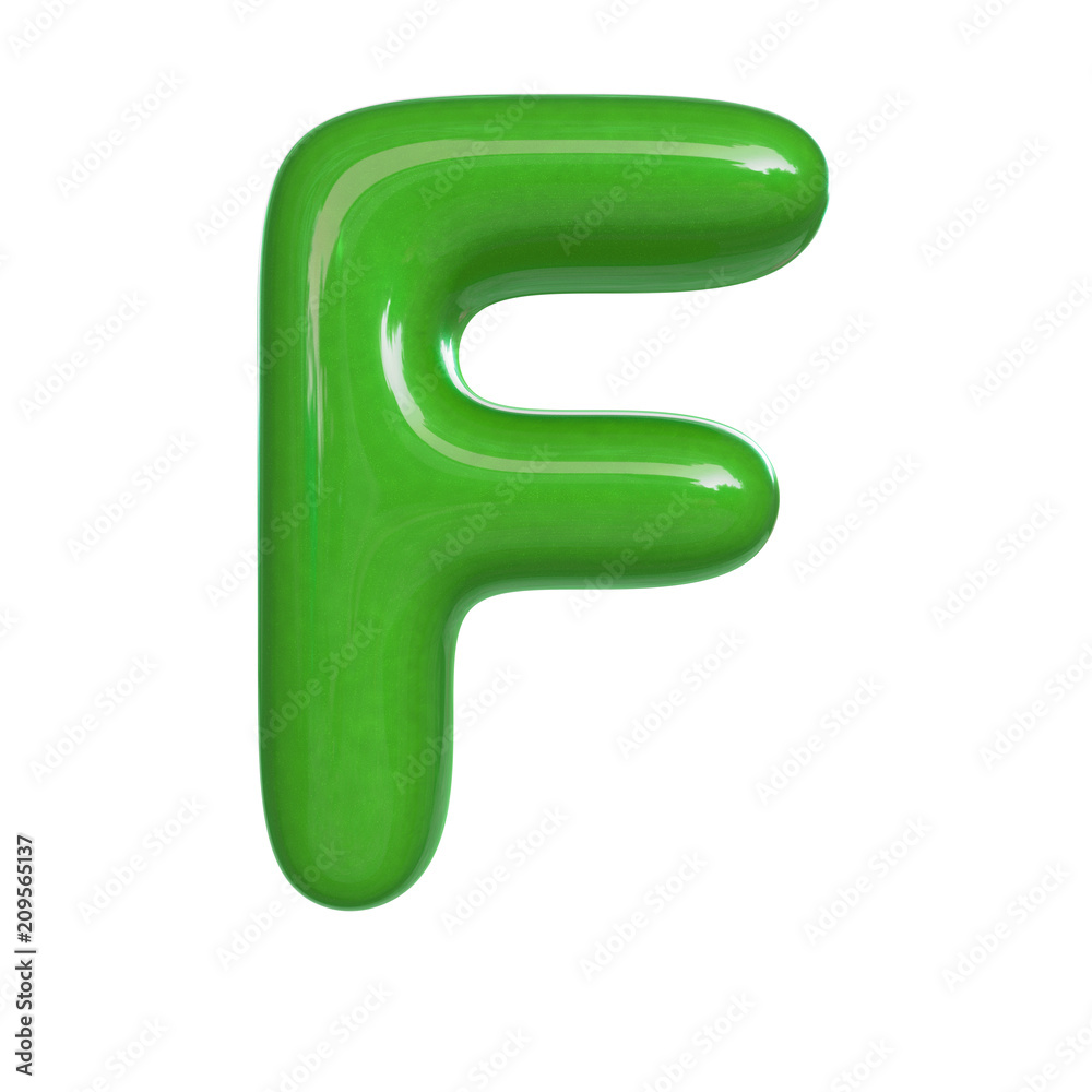 Glossy green paint letter f 3d render of bubble font isolated on white