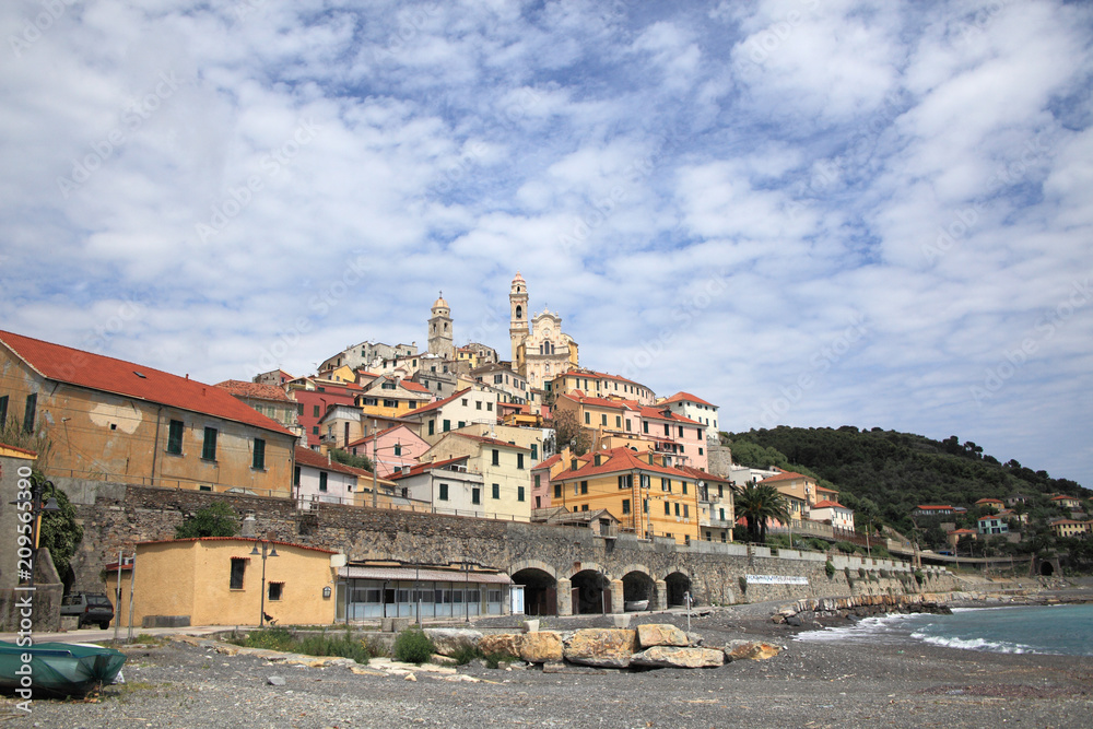 ancient town of Cervo and its beach at Italian Riviera, Italy