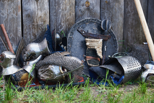 Armor and weapons of participants in the competition for the Medieval Battle. Тhеrе are chain armor, helmets, shields, iron gloves, maces, swords