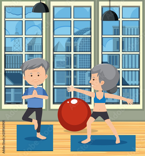 Scene of elderly couple doing yoga