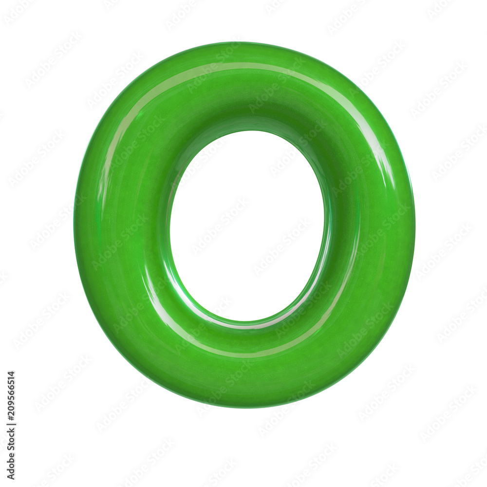 Glossy green paint letter O. 3D render of bubble font isolated on white background Glossy green paint letter O. 3D render of bubble font isolated on white background