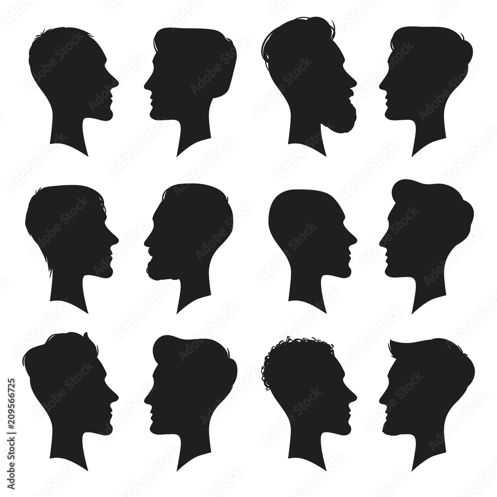 Adult male head profile silhouette. Man icon. Fashion people haircut or hairless men heads silhouettes isolated vector illustration