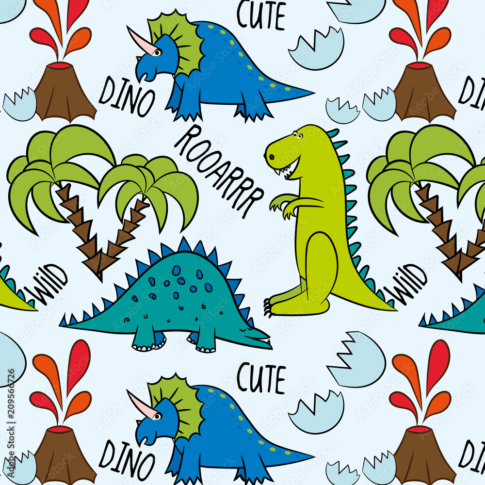 Prehistoric pattern. Dino Friends, funny cartoon dinosaur and tropic plants  collection. Hand drawn vector doodle set for kids. Good for textiles, scrap  booking, wallpapers, wrapping paper, clothes. Stock Vector | Adobe Stock