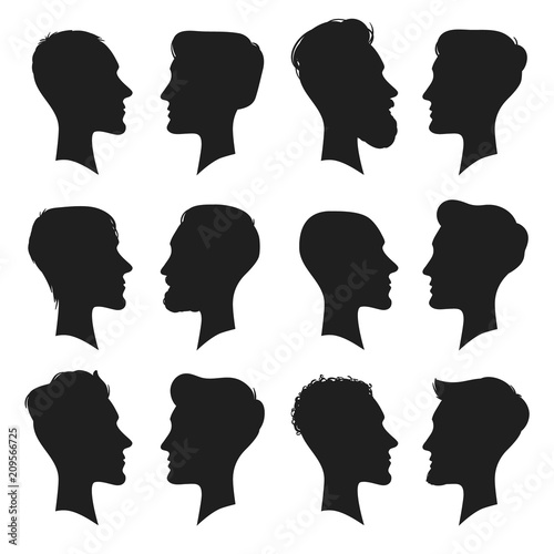 Adult male head profile silhouette. Man icon. Fashion people haircut or hairless men heads silhouettes isolated vector illustration