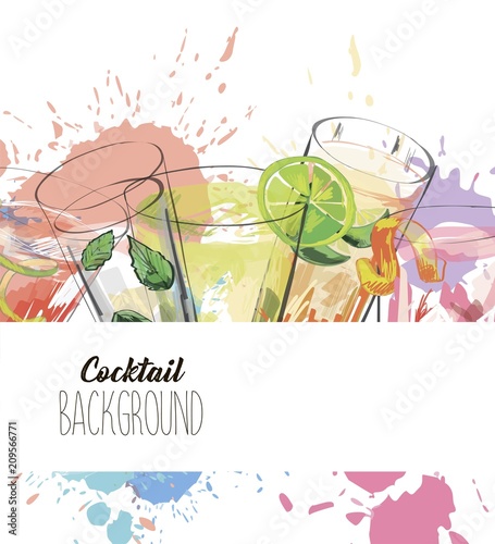 Watercolor background with alcohol drinks. Template design for menu, bar.