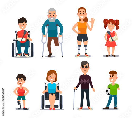 Disability people. Cartoon sick and disabled characters. Person in wheelchair, injured woman, elderly man and sickness child vector set