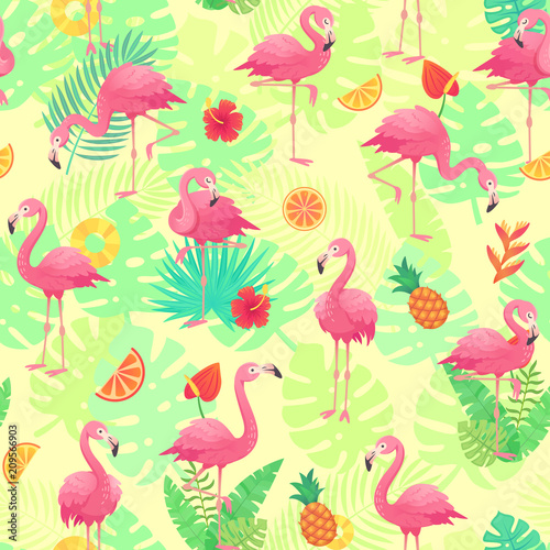 Exotic pink flamingos, tropical plants and jungle flowers monstera and palm leaves. Tropic flamingo cartoon seamless vector background pattern