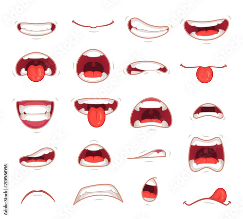 Cartoon mouths. Facial expression surprised mouth with teeth shock shouting smiling and biting lip vector illustration