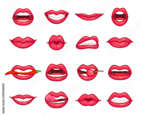 Lips collection. Beautiful girl smiling, kissing, biting pepper, cherry and lip with lipstick. Cartoon beauty kiss isolated vector set