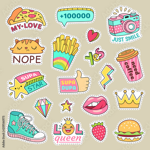 Teenage badge with fashion sneakers, food and camera vector isolated stickers photo