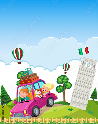 Car driving away from the tower of pisa