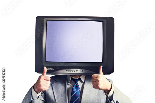 Man with a TV instead of a head isolated on a white background. Place for text. Multimedia Social networks concept.