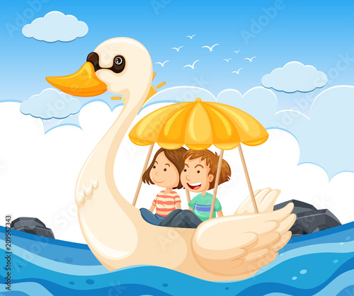 Young couple on a swan boat