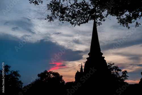 Silhouette of Wat Phra Sri Sanphet  the holiest temple on the site of the old Royal Palace in Thailand s ancient capital of Ayutthaya. Against colorful sunset sky