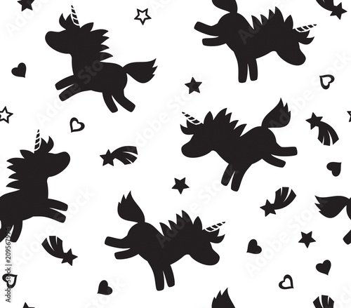 Vector unicorn seamless pattern, black silhouettes, isolated on white.