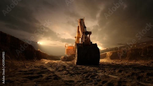 Excavator or digger at construction Site during sunset. Heavy industry. 4k HD photo