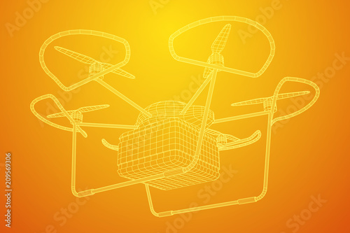 Remote control air drone. Dron flying with action video camera. Wireframe low poly mesh vector illustration