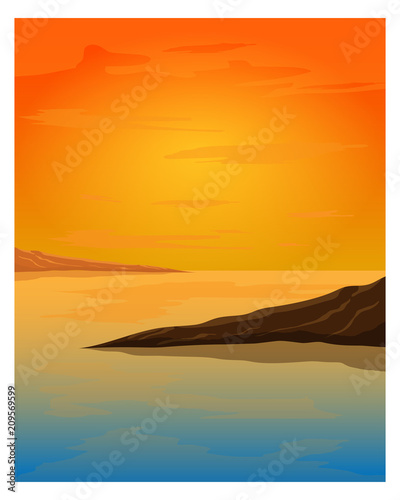 sunset seascape flat vector design.beautiful seascape card.seascape in evening.beautiful seascape background.