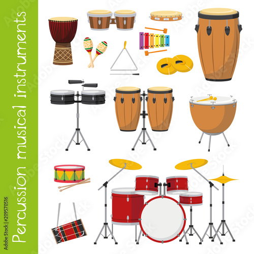 Leinwand Poster Vector illustration set of percussion musical instruments in cartoon style isola