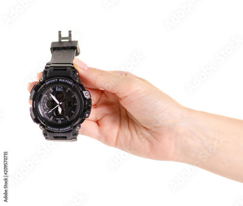 Sports man's watch in hand on a white background isolation