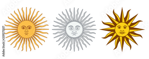 Sun of May variations. Spanish Sol de Mayo, national emblems of Uruguay and Argentina. Radiant, silver or golden yellow sun with human face and straight and wavy rays. Illustration over white. Vector. photo