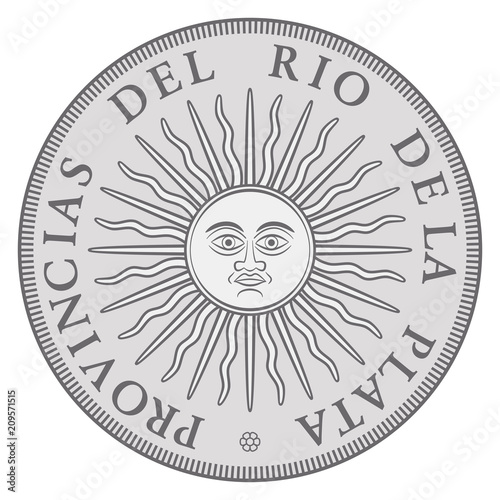 Early Argentinian silver coin with Sun of May, issued in the name of the United Province of the River Plate. Sol de Mayo, national emblem, a sun with face and sunbeams. Illustration over white. Vector