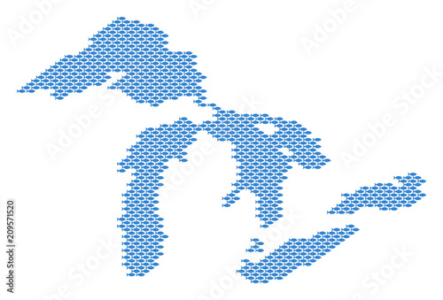 Great Lakes map full of fish. Vector water area scheme organized with fish icons.