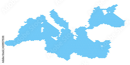 Mediterranean Sea map full of fish. Vector geographic scheme done with fish items.