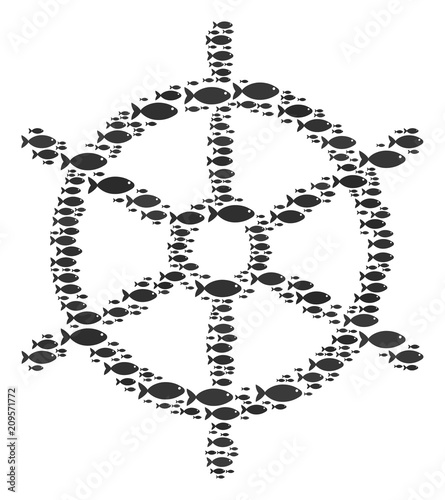 Boat steering wheel vector figure made from scattered fish elements in heterogeneous sizes. Fish icons are grouped into abstract boat steering wheel concept.