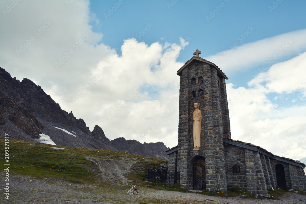 Stone church at Col de l'Iseran  mountain pass in France, the highest paved pass in the Alps,part of the Graian Alps, in the department of Savoie.