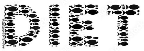 Diet text vector figure composed with randomized fish objects in heterogeneous sizes. Fish icons are grouped into abstract diet text vector illustration.