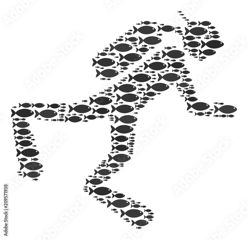 Diver vector figure created from random fish components in heterogeneous sizes. Fish icons are grouped into abstract diver representaion.