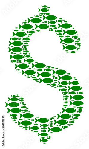 Dollar vector mosaic composed from scattered fish items in heterogeneous sizes. Fish icons are arranged into abstract dollar representaion.