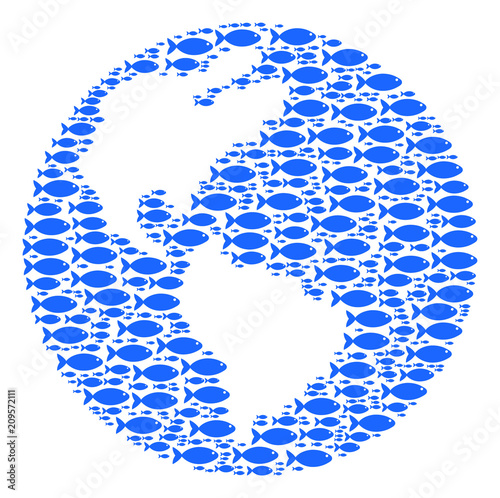 Earth vector figure created with random fish elements in heterogeneous sizes. Fish icons are grouped into abstract Earth figure.
