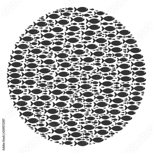 Filled circle vector composition made with randomized fish items in heterogeneous sizes. Fish icons are arranged into abstract filled circle figure.