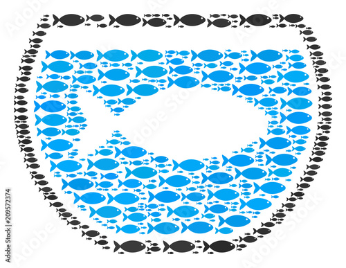 Fish tank vector shape made of randomized fish objects in heterogeneous sizes. Fish icons are arranged into abstract fish tank figure.