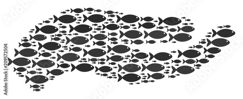 Hand vector shape composed with random fish objects in heterogeneous sizes. Fish icons are formed into abstract hand representaion.
