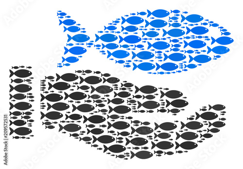 Hand offer fish vector composition made with scattered fish items in heterogeneous sizes. Fish icons are combined into abstract hand offer fish vector illustration.
