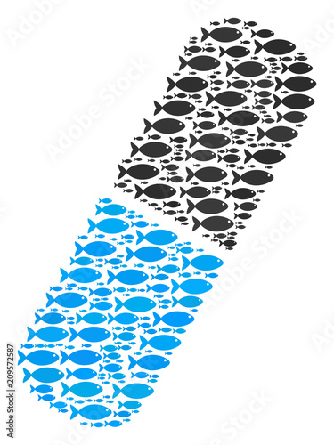 Medical capsule vector figure made from randomized fish objects in heterogeneous sizes. Fish icons are organized into abstract medical capsule concept.